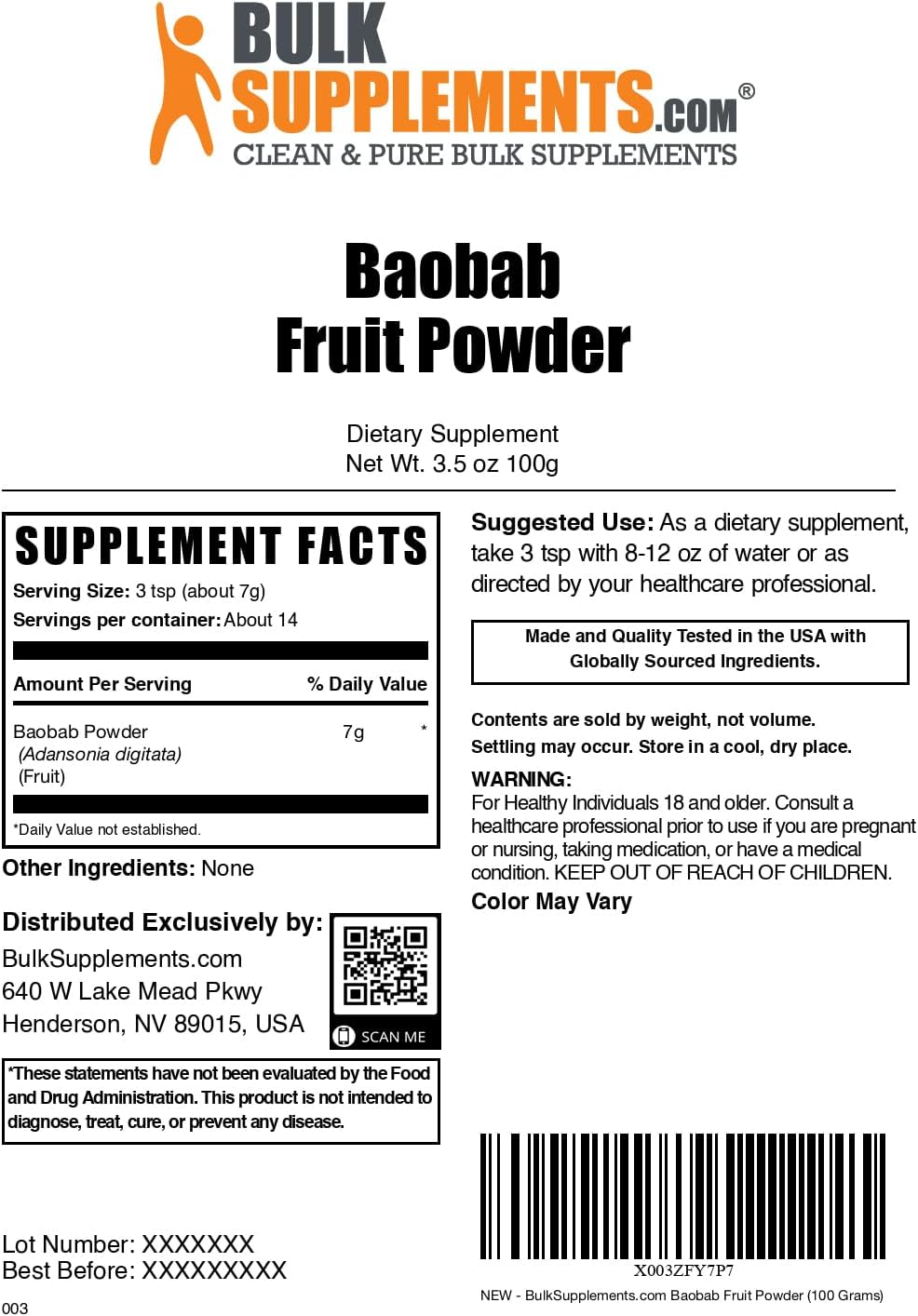 BulkSupplements Baobab en Polvo - Suplemento de Baobab, Antioxidante - Sin Gluten, 7g por Ración, 100g
