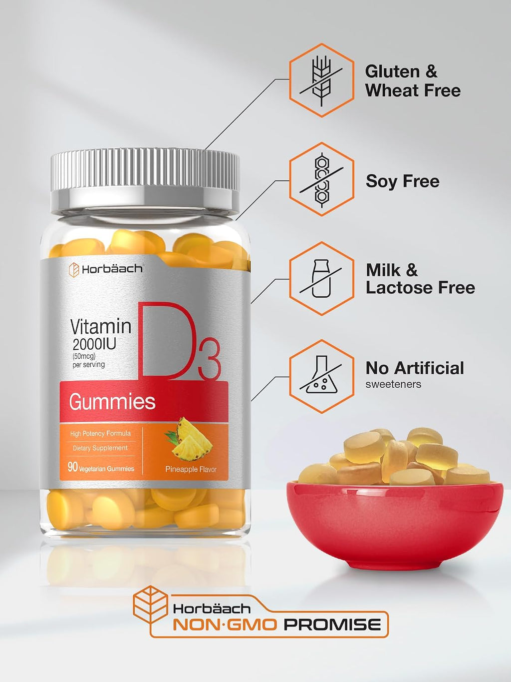 Horbäach Vitamina D3 2000 IU Gominolas | 90 uds | Vegetarianas | Sabor Piña | 50 mcg | Sin OMG, Sin Gluten