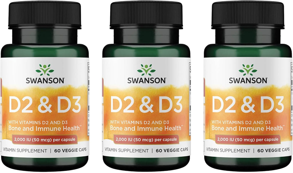 Swanson D2 & D3-2,000 IU - Complemento para la salud ósea y dental - Apoyo inmunológico - Favorece la absorción de calcio - No transgénico - 60 cápsulas vegetales (Paquete de 3)