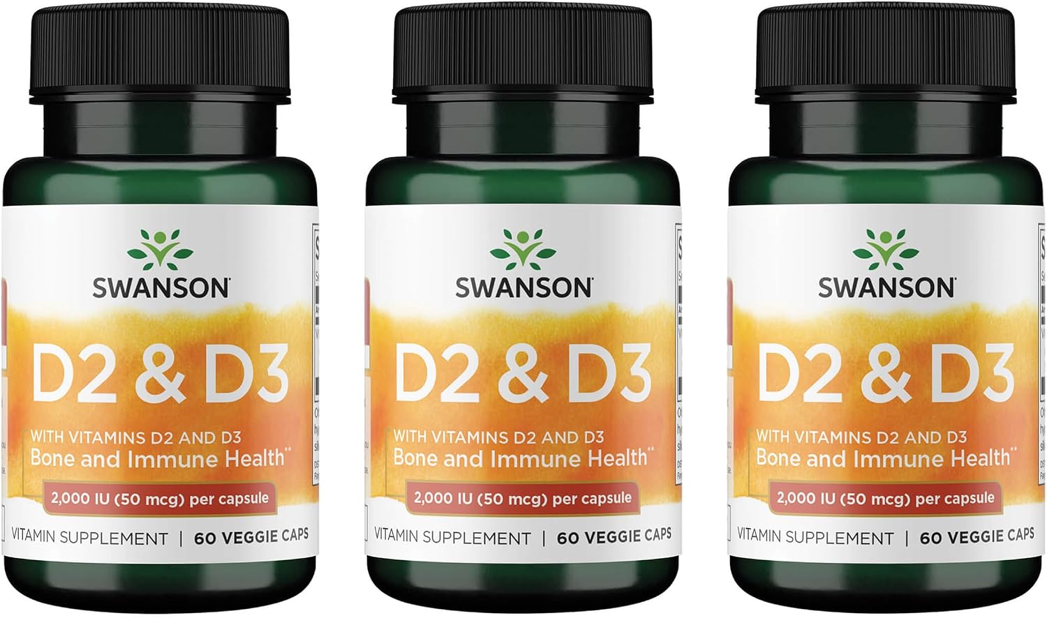 Swanson D2 & D3-2,000 IU - Complemento para la salud ósea y dental - Apoyo inmunológico - Favorece la absorción de calcio - No transgénico - 60 cápsulas vegetales (Paquete de 3)