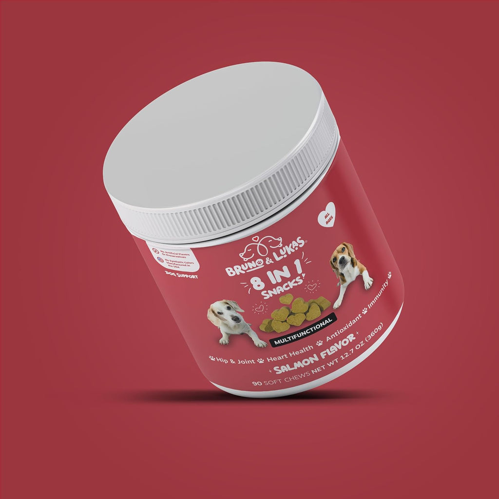Multivitamínico para Perros 8 en 1 con Glucosamina y Aceite de Pescado – 90 Comprimidos Masticables Sabor Salmón