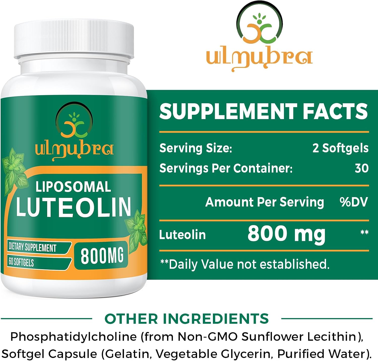 Ulmubra 800 mg Luteolina Liposomal - Suplemento Antioxidante de Alta Absorción, 60 Perlas