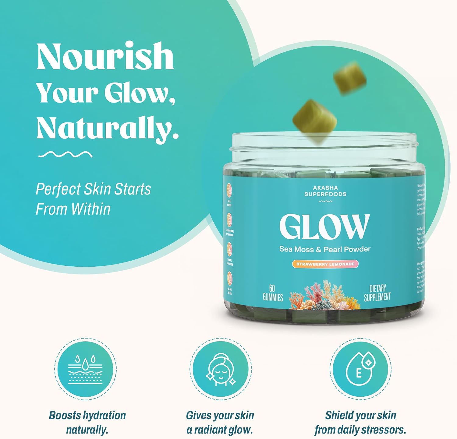 Akasha Superfoods Sea Moss Gummies con Irish Sea Moss, Perla en Polvo, Vitamina E, Aloe Vera y Vitamina C Liposomal, 60 Gominolas