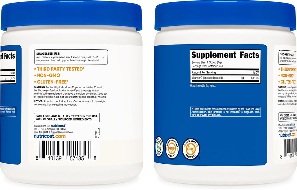 Nutricost Ácido Ascórbico Puro en Polvo (Vitamina C) - 454g