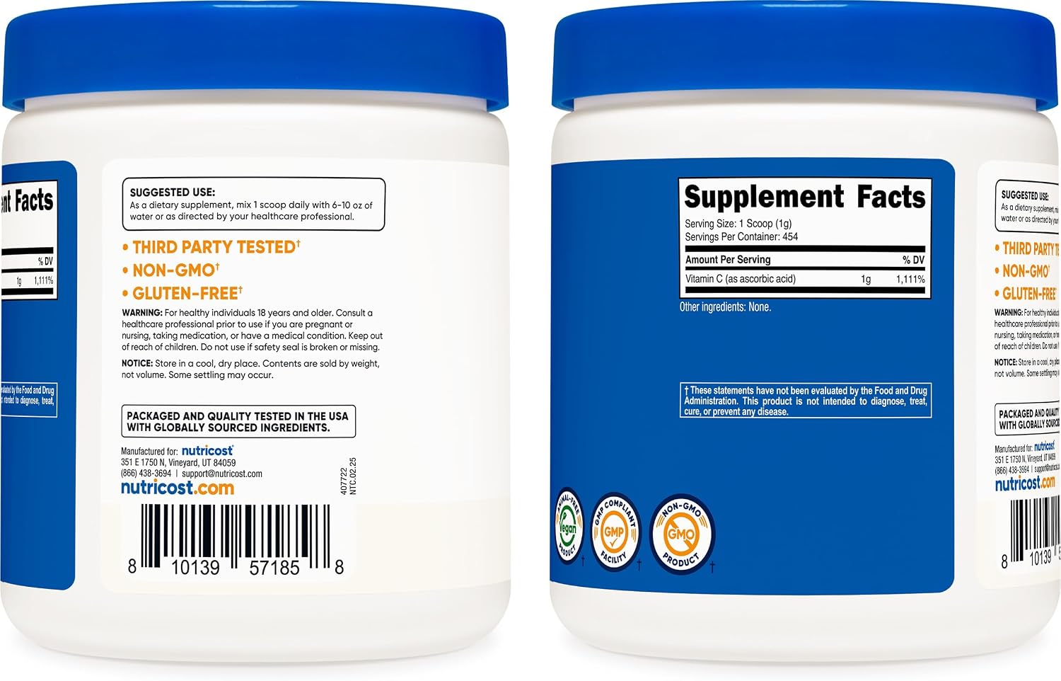 Nutricost Ácido Ascórbico Puro en Polvo (Vitamina C) - 454g