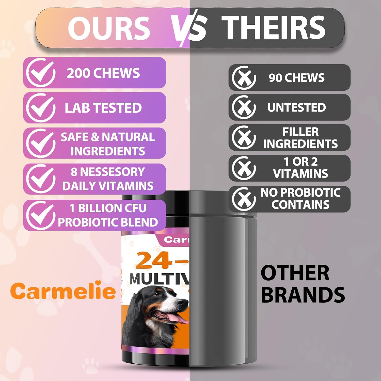 Carmelie Multivitamínico 24 en 1 para Perros - 200 Chewables con Glucosamina, Probióticos y Omega-3 - Sabor Pollo