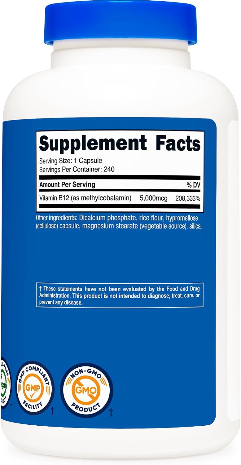 Vitamina B12 (Metilcobalamina) 5000mcg, 240 Cápsulas - Nutricost