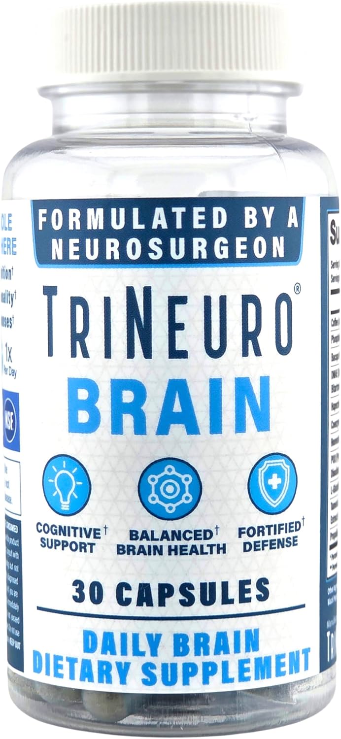 TriNeuro Daily Brain Supplement - Certificado NSF - Formulado por Neurocirujano para Apoyar la Cognición y Longevidad Funcional - Fosfatidilserina, Resveratrol, Glutatión - 30 Cápsulas