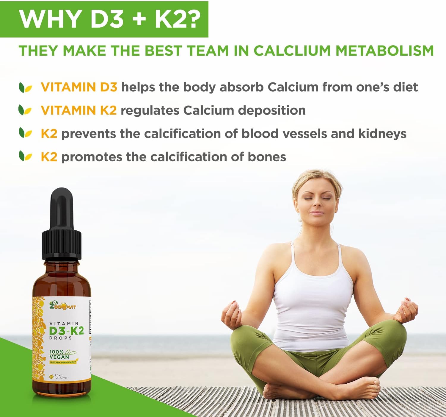Zoomavit Vegan Liquid Drops Vitamina D3 K2 (MK7) - 100% Vegetal - 1000 UI D3 + 200 mcg K2 por dosis