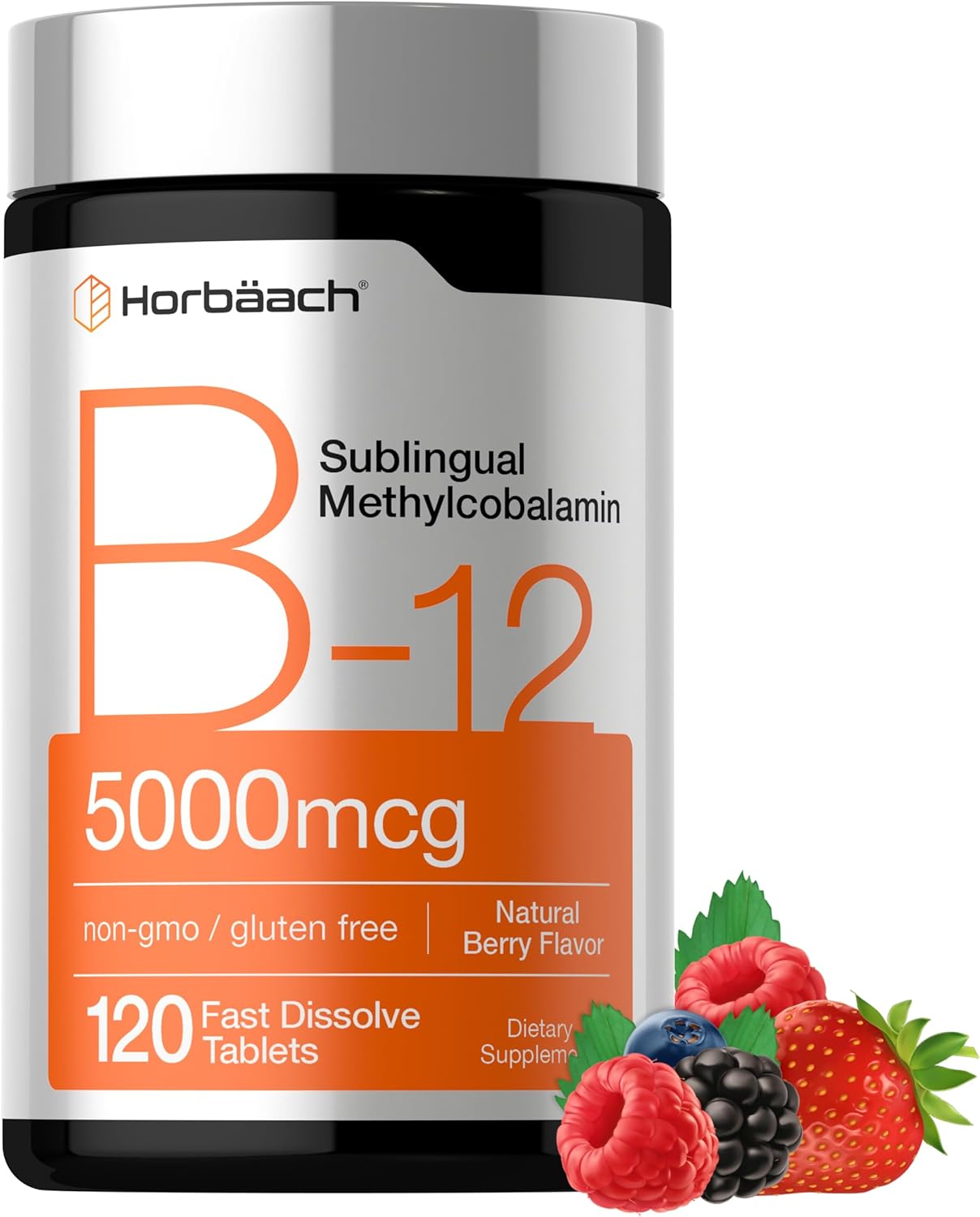 Horbäach Vitamina B12 5000 mcg - 120 Comprimidos Sublinguales de Metilcobalamina - Sabor Natural a Bayas - Vegano, Sin Gluten y No Modificado Genéticamente