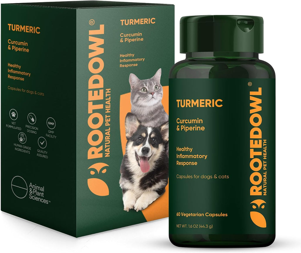 Rooted Owl® Cúrcuma para Perros y Gatos - Suplemento con Curcumina, Piperina y Vitamina C - 60 Cápsulas