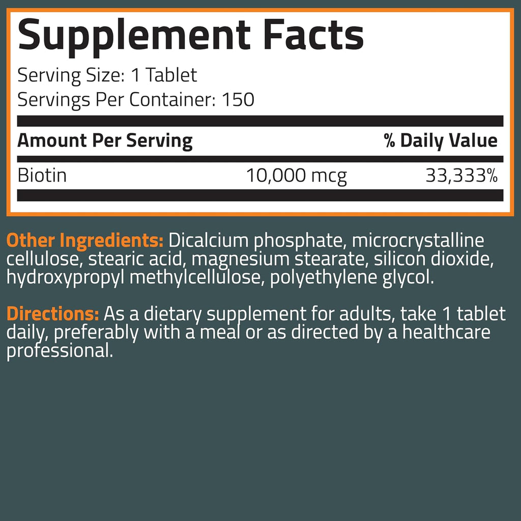 Bronson Biotina 10,000 mcg – Cabello, Piel y Uñas – Vegano – No Transgénico – 150 Comprimidos