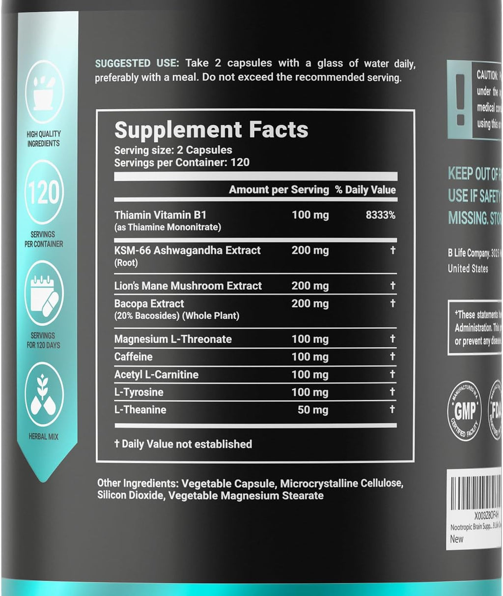 Cápsulas de Lion's Mane – Memoria, Enfoque y Claridad – Suplemento Nootrópico con Ashwagandha, Tiamina (B1), Magnesio L-Treonato – 240 Cápsulas