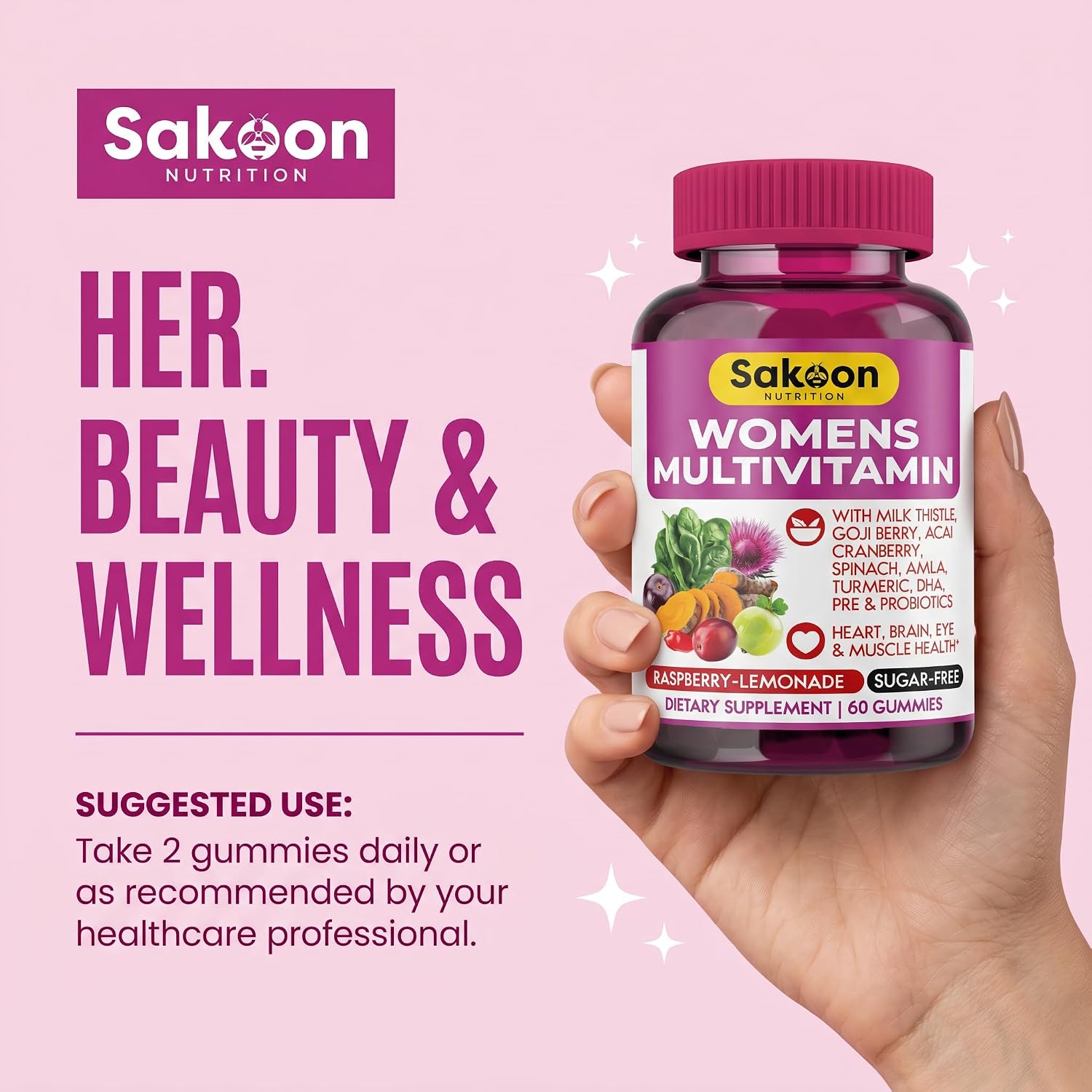 Sakoon nutrition Gominolas Multivitamínicas para Mujeres con Probióticos y Prebióticos - Apoyo Diario Completo, Salud Inmune y Digestiva - Vegano, Sin Gelatina, Sabor Fruta
