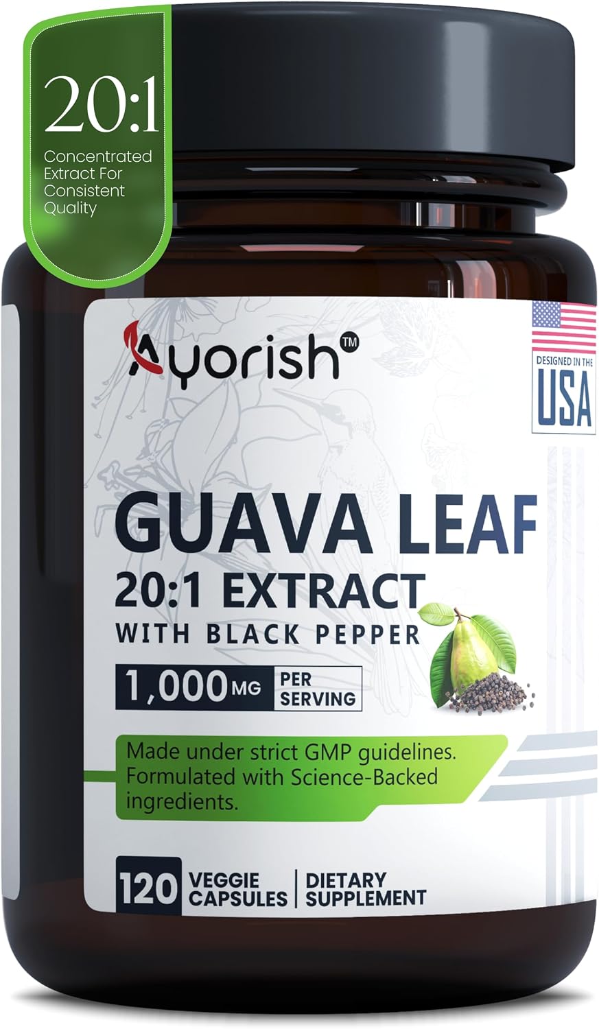 Ayorish Cápsulas de Hoja de Guayaba 1000mg 120 unidades Extracto 20:1 con Pimienta Negra