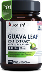 Ayorish Cápsulas de Hoja de Guayaba 1000mg 120 unidades Extracto 20:1 con Pimienta Negra