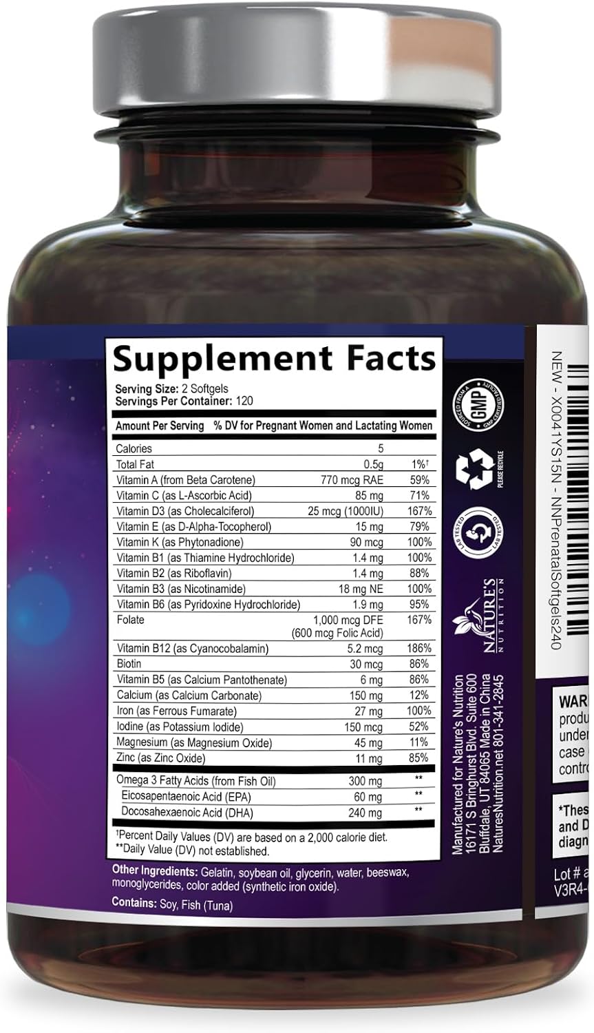 Vitaminas Prenatales con Ácido Fólico y Omega 3 DHA - Suplemento Multivitamínico para el Embarazo - 240 Cápsulas Blandas