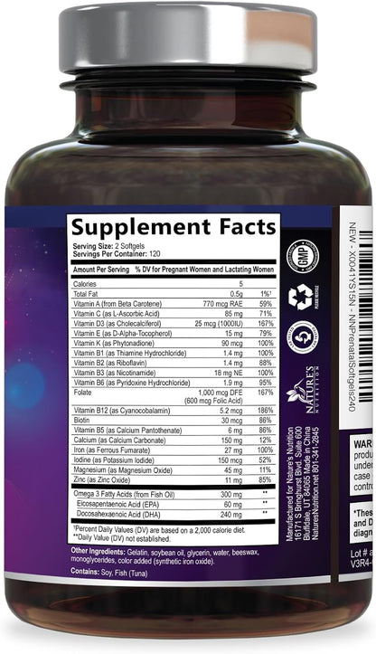 Vitaminas Prenatales con Ácido Fólico y Omega 3 DHA - Suplemento Multivitamínico para el Embarazo - 240 Cápsulas Blandas – Image 9