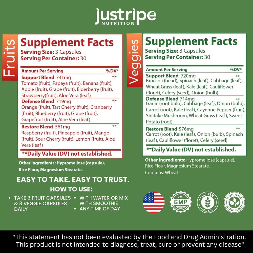 Just Ripe Nutrition - Suplemento de Frutas y Verduras, 180 Cápsulas (90 Frutas + 90 Verduras)