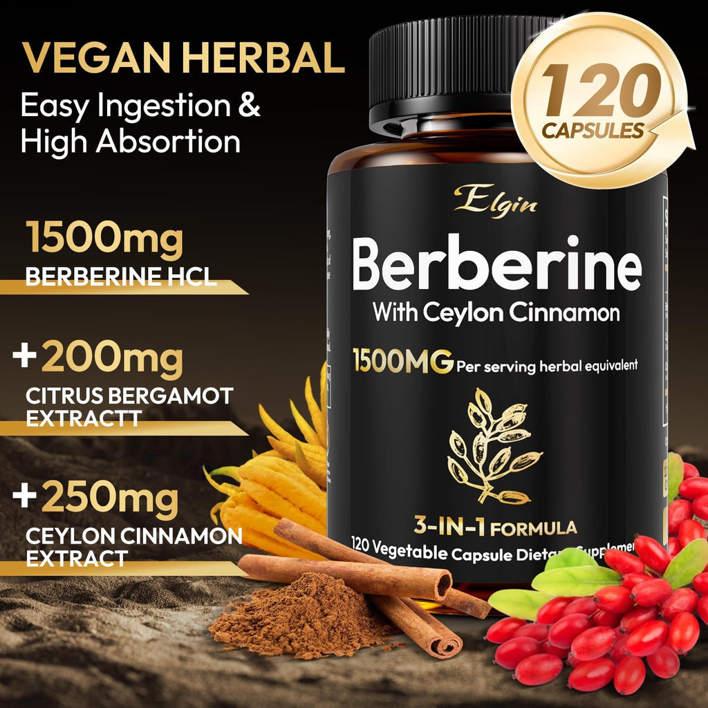 Berberina HCL 1500mg con Canela de Ceilán y Bergamota Cítrica | Fórmula de Triple Acción para Apoyo Metabólico | Cápsulas Veganas, 120 unidades