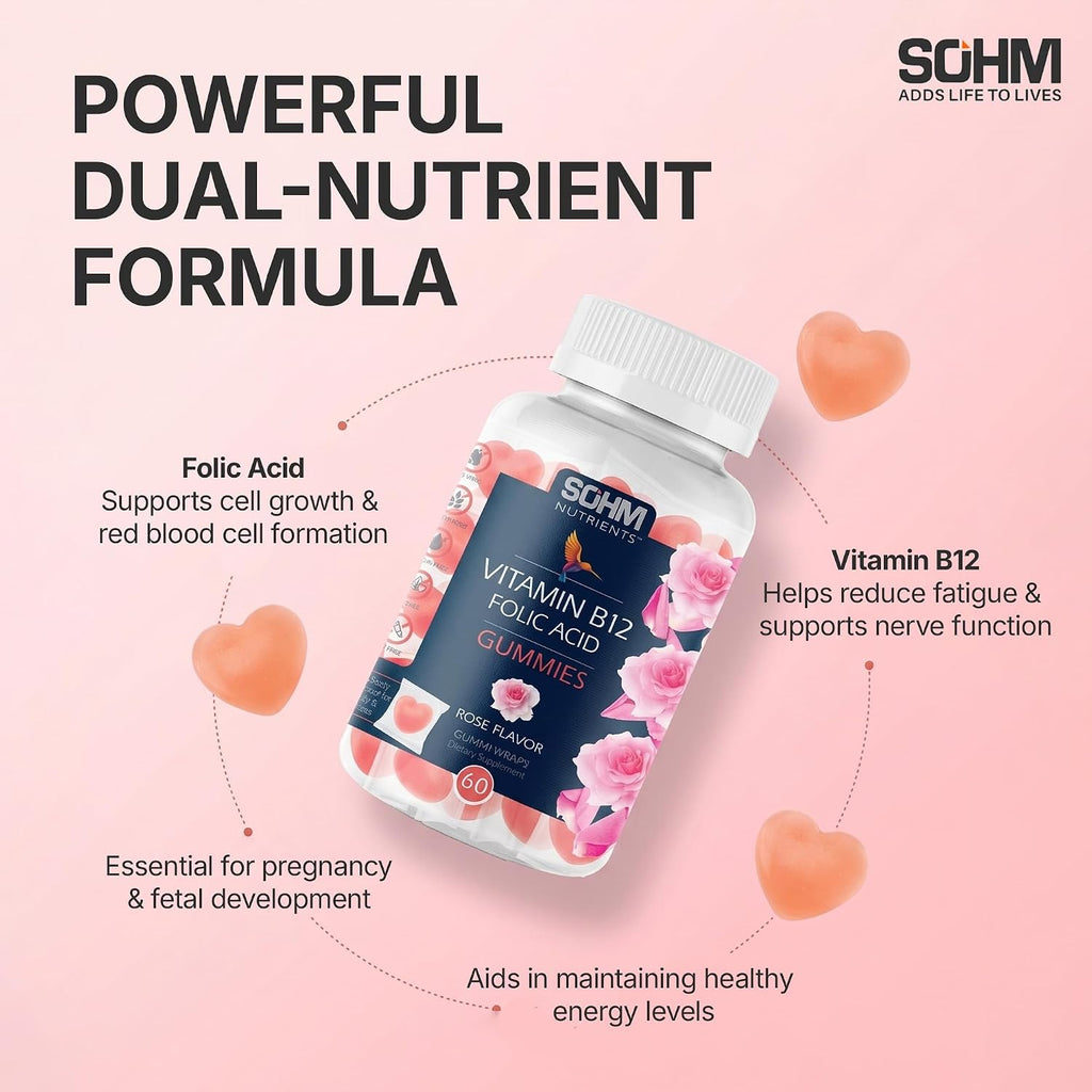 SOHM Ácido Fólico 300 mcg + Vitamina B12 Gomitas para Mujer, 60 unidades – Apoyo Prenatal