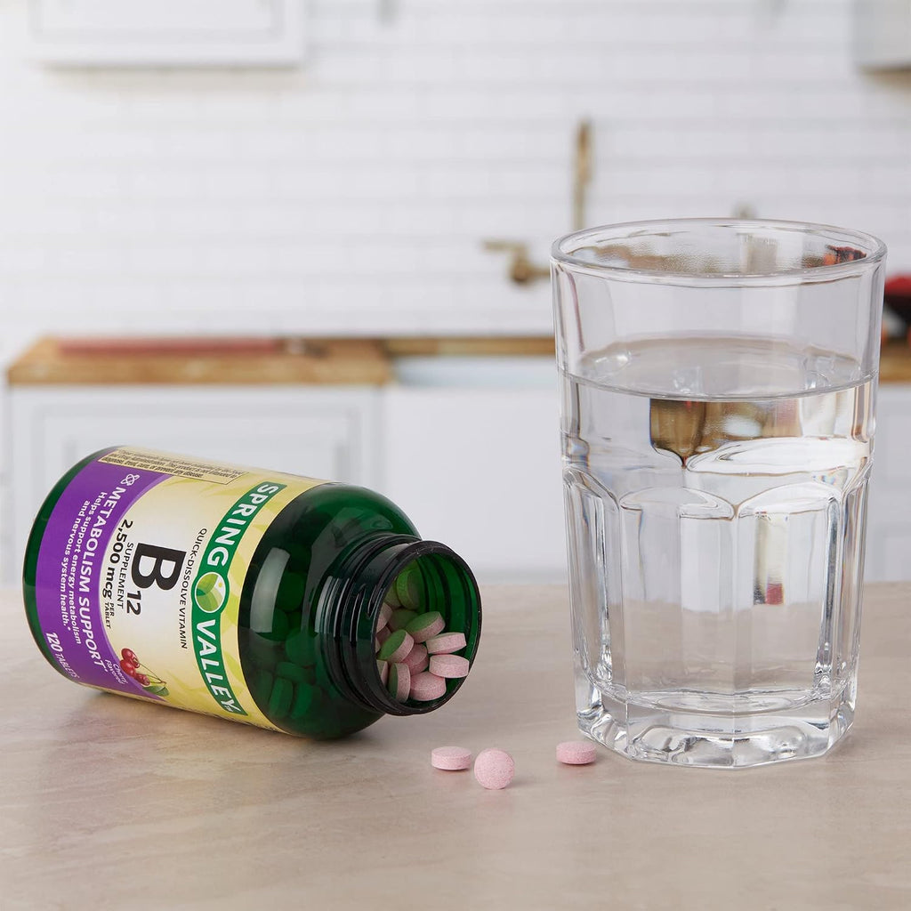 Spring Valley Vitamin B12 2500 mcg Comprimidos de Disolución Rápida - 120 Comprimidos + Ebook "45 Diabetes Decoded"