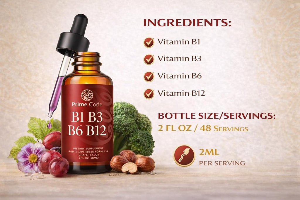 Prime Code Gotas Líquidas de Complejo B con Vitaminas B1, B3, B6 y B12