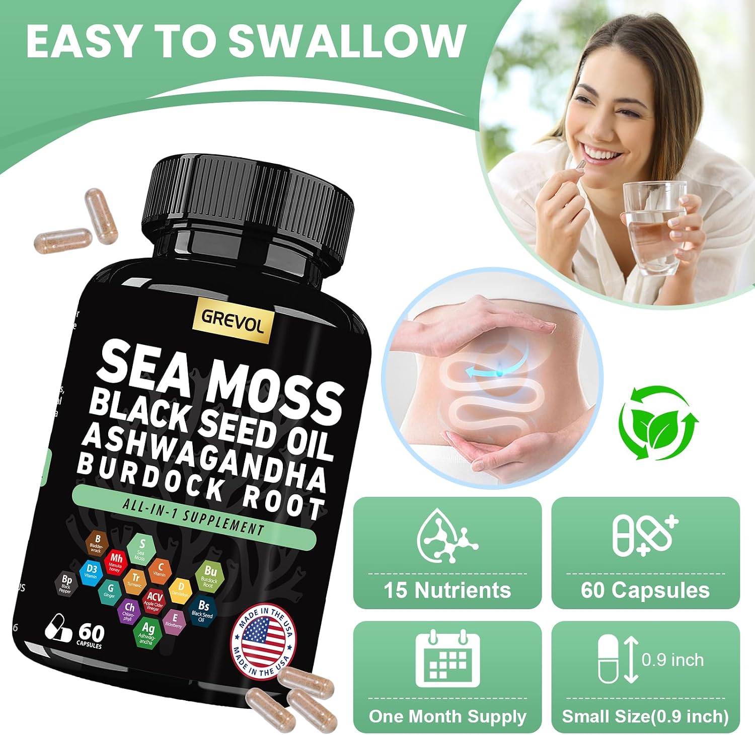 Grevol Complex Multimineral con Sea Moss, Ashwagandha y Vitaminas C y D3 – 60 Cápsulas