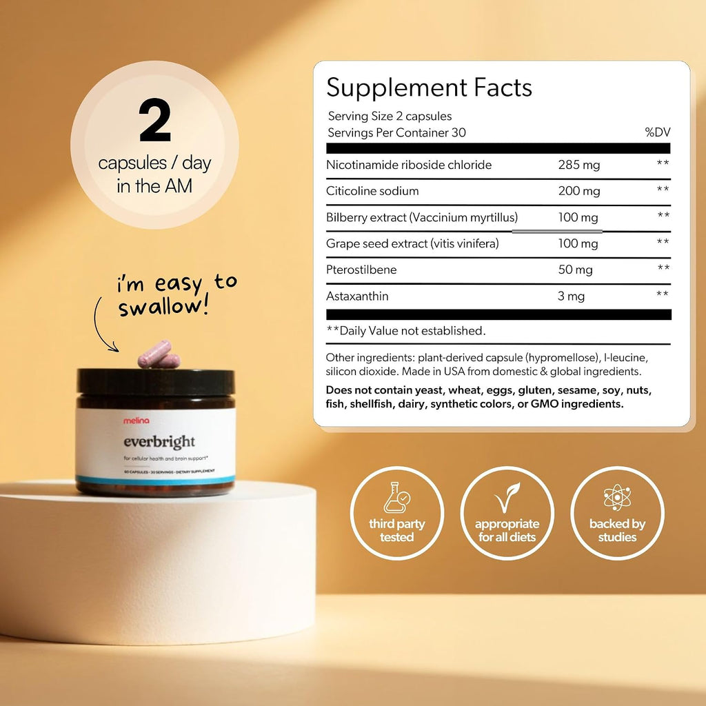Melina Everbright Suplemento NAD+ para Mujeres 40+ - Nicotinamida Ribósido (NR), Citicolina, Pterostilbeno y Astaxantina - Apoya la Energía Celular, el Enfoque y el Envejecimiento Saludable - 30 Dosis