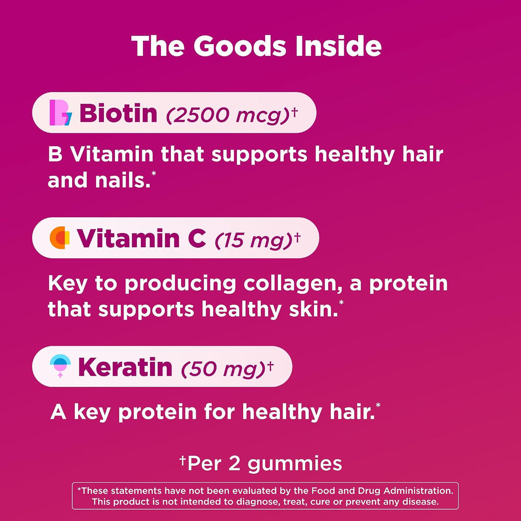 OLLY Gominolas para Cabello, Piel y Uñas - Biotina 2500μg, Keratina y Vitamina C - Sabor a Pomelo - 60 unidades