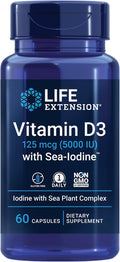 Life Extension Vitamina D3 con Yodo Marino, 125 mcg (5000 UI) – Apoyo Inmunitario, Salud Ósea, Tiroides – 1 al Día, Sin Gluten, No Transgénico – 60 Cápsulas