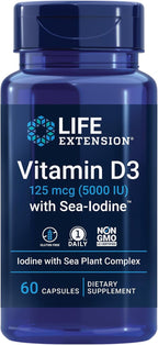 Life Extension Vitamina D3 con Yodo Marino, 125 mcg (5000 UI) – Apoyo Inmunitario, Salud Ósea, Tiroides – 1 al Día, Sin Gluten, No Transgénico – 60 Cápsulas