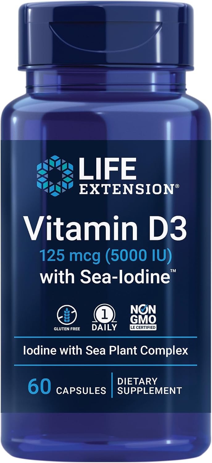 Life Extension Vitamina D3 con Yodo Marino, 125 mcg (5000 UI) – Apoyo Inmunitario, Salud Ósea, Tiroides – 1 al Día, Sin Gluten, No Transgénico – 60 Cápsulas