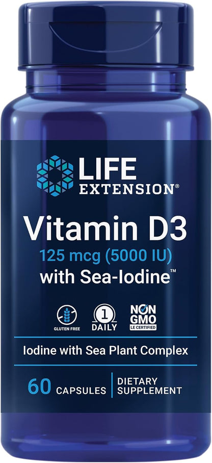Life Extension Vitamina D3 con Yodo Marino, 125 mcg (5000 UI) – Apoyo Inmunitario, Salud Ósea, Tiroides – 1 al Día, Sin – Image 1