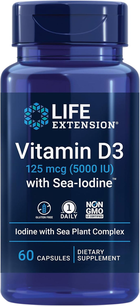 Life Extension Vitamin D3 with Marine Iodine, 125 mcg (5000 IU) – Immune Support, Bone, Thyroid Health – 1/Day, Gluten-Free, Non-GMO – 60 Capsules