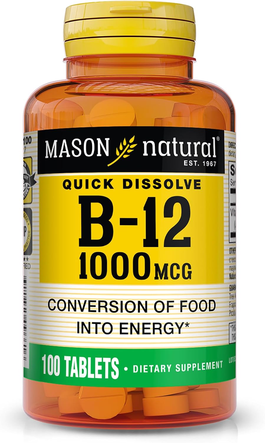 MASON NATURAL Vitamina B12 1000 mcg Comprimidos de Disolución Rápida, 200 Comprimidos