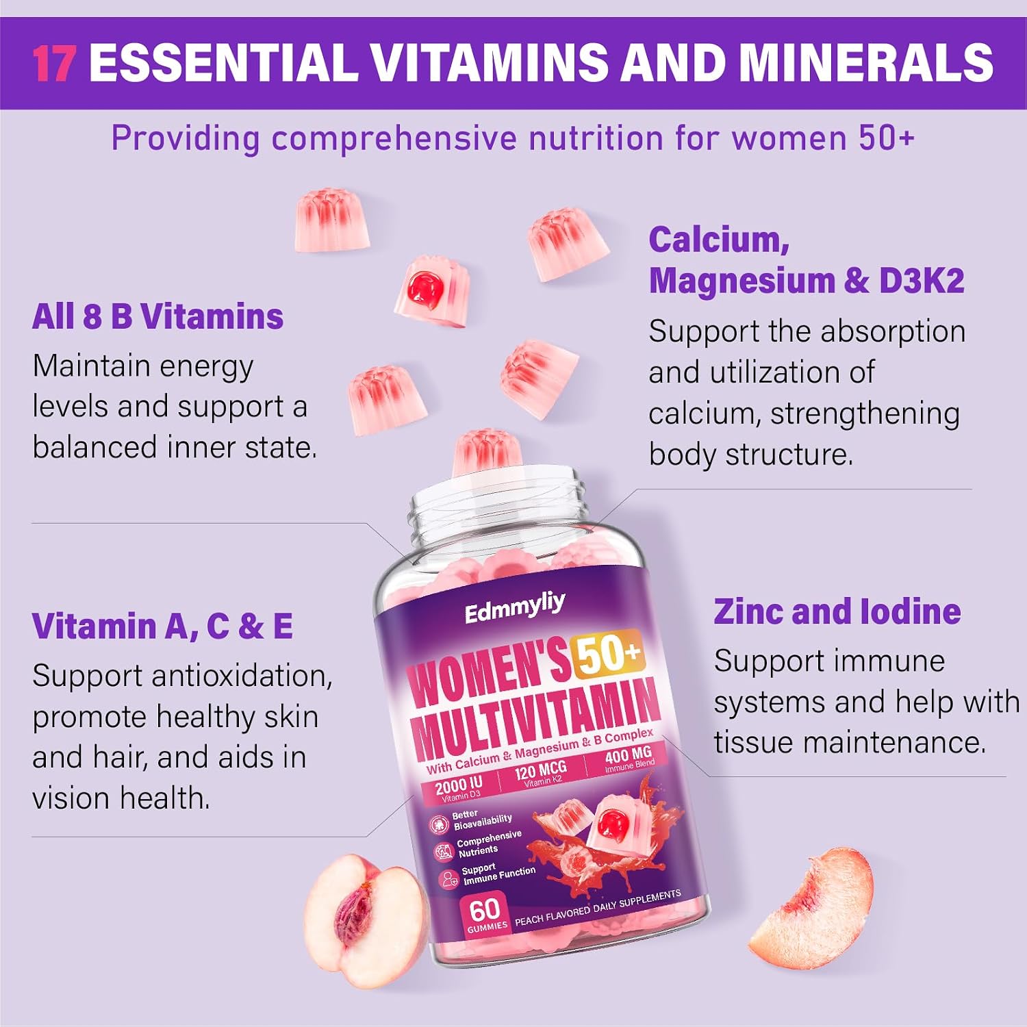 Multivitamínico Gummy para Mujeres 50+ - Vitaminas A, C, D3, E, K2, Complejo B, Calcio, Magnesio