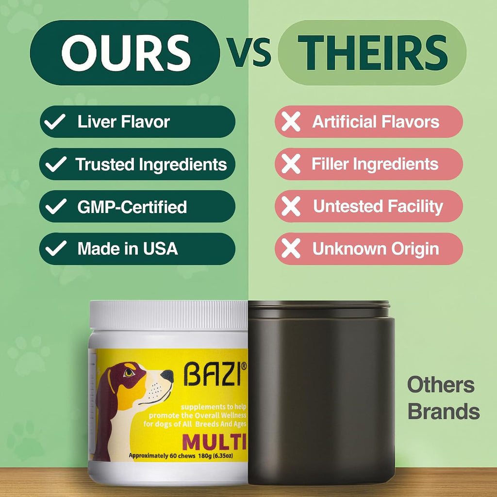 BAZI Multi Dog Chews – Complemento de Salud Integral con Glucosamina, Probióticos, Aceite de Salmón, Ashwagandha y Hongos – Bienestar Diario, Piel y Pelaje, Digestión y Vitalidad para Todos los Perros