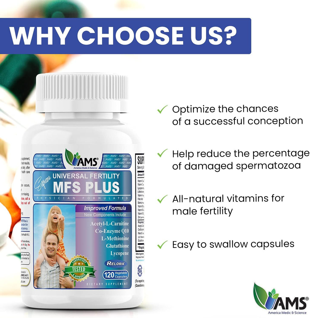 America Medic & Science MFS Plus Suplemento de Fertilidad para Hombres (120 Cápsulas) - Potenciador de Esperma, Apoya Motilidad, Vitaminas Preconcepción con Zinc, CoQ10