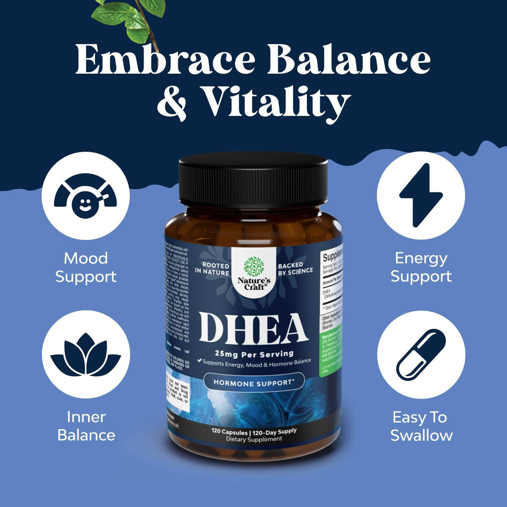 DHEA 25 mg - 120 Cápsulas - Suplemento de Dehidroepiandrosterona para Hombres y Mujeres