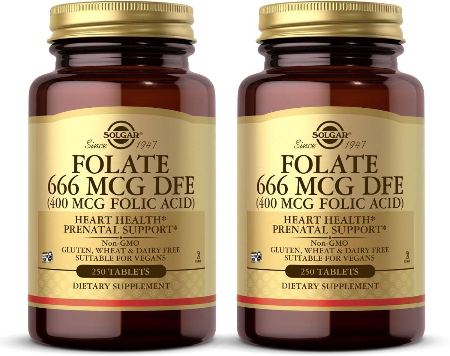 Solgar Folato 666 mcg DFE (Ácido Fólico 400 mcg) - 250 Comprimidos, Pack de 2