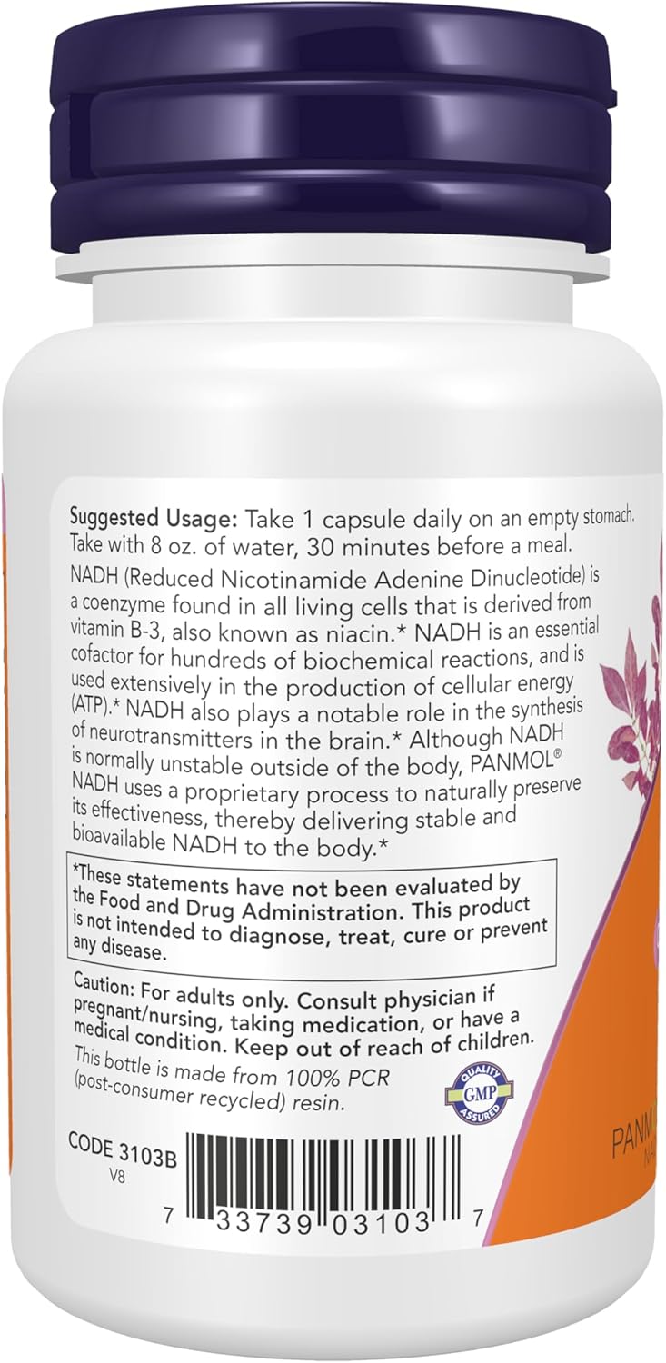 NOW Supplements, NADH (Nicotinamida Adenina Dinucleótido Reducida) 10 mg con 200 mg de D-Ribosa, 60 Cápsulas Vegetales