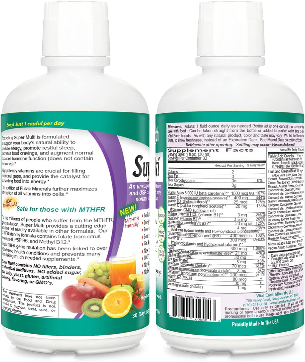 Vital Earth Minerals Super Multi - Multivitamínico Líquido con Ácido Fúlvico, 2 Pack de 946 ml + Vaso de 30 ml