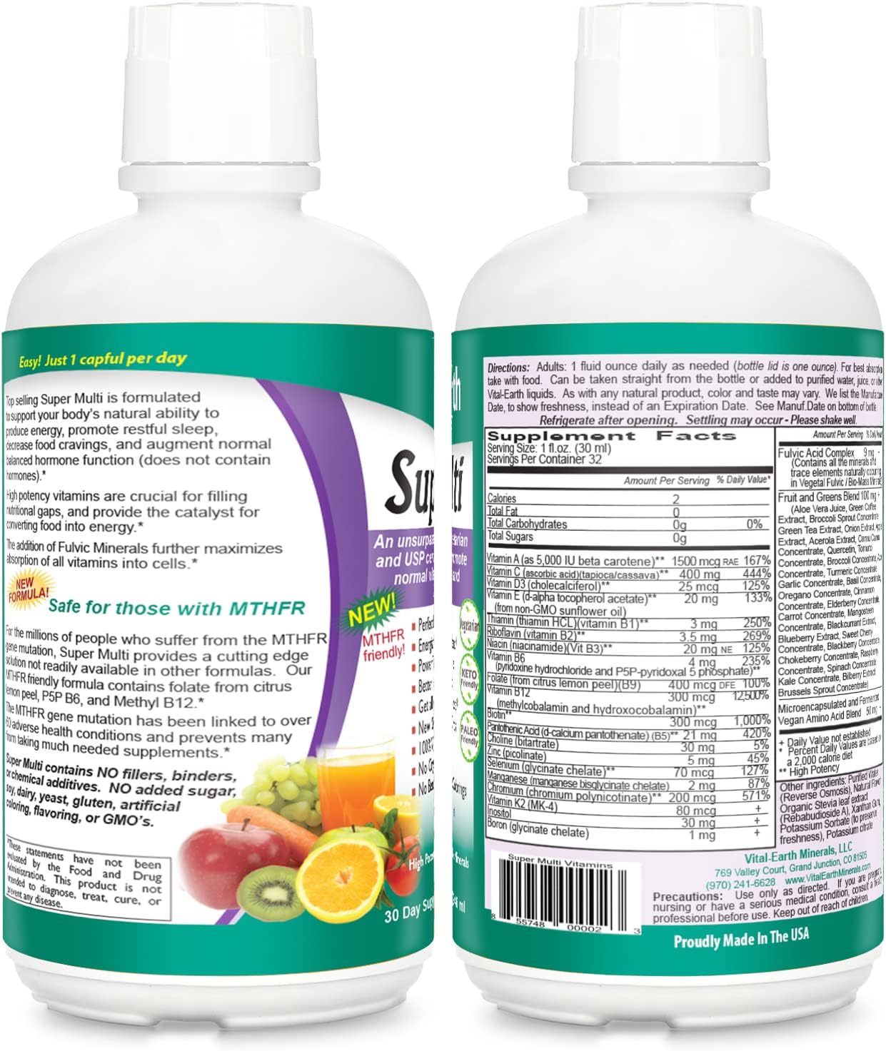 Vital Earth Minerals Super Multi - Multivitamínico Líquido con Ácido Fúlvico, 2 Pack de 946 ml + Vaso de 30 ml