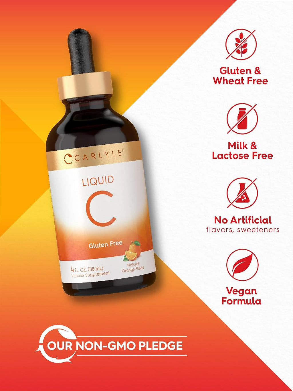 Carlyle Vitamina C Gotas Líquidas | 118 ml | Ácido Ascórbico y Ascorbato Sódico | Sabor Naranja | Vegano, Sin Gluten, Sin OMG
