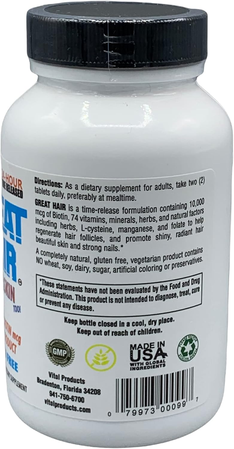 Vitol Great Hair Liberación Prolongada 10,000 mcg Biotina, 120 Comprimidos