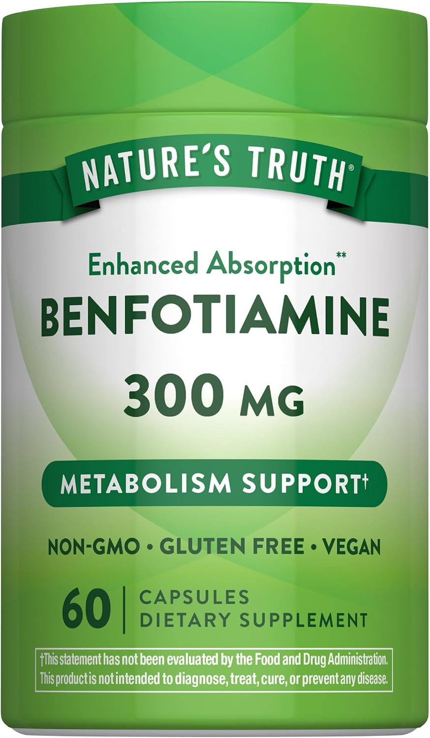 Nature's Truth Benfotiamina | 300mg | 60 Cápsulas | Vegano, No-GMO y Sin Gluten | Precursor de Vitamina B1