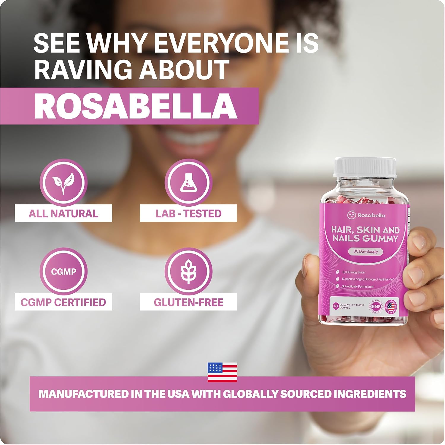 Rosabella Gominolas de Biotina 5000mcg – Apoyo Capilar – 60 Gominolas Veganas