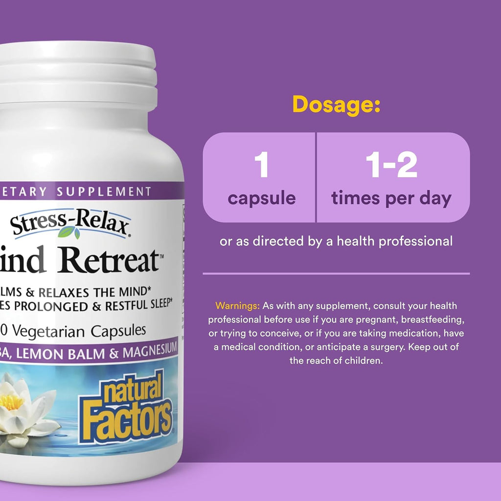 Natural Factors Mind Retreat - Suplemento para la relajación con PharmaGABA, Magnesio Glicinato, Extracto de Melisa y Vitamina B6 - 60 Cápsulas Vegetales