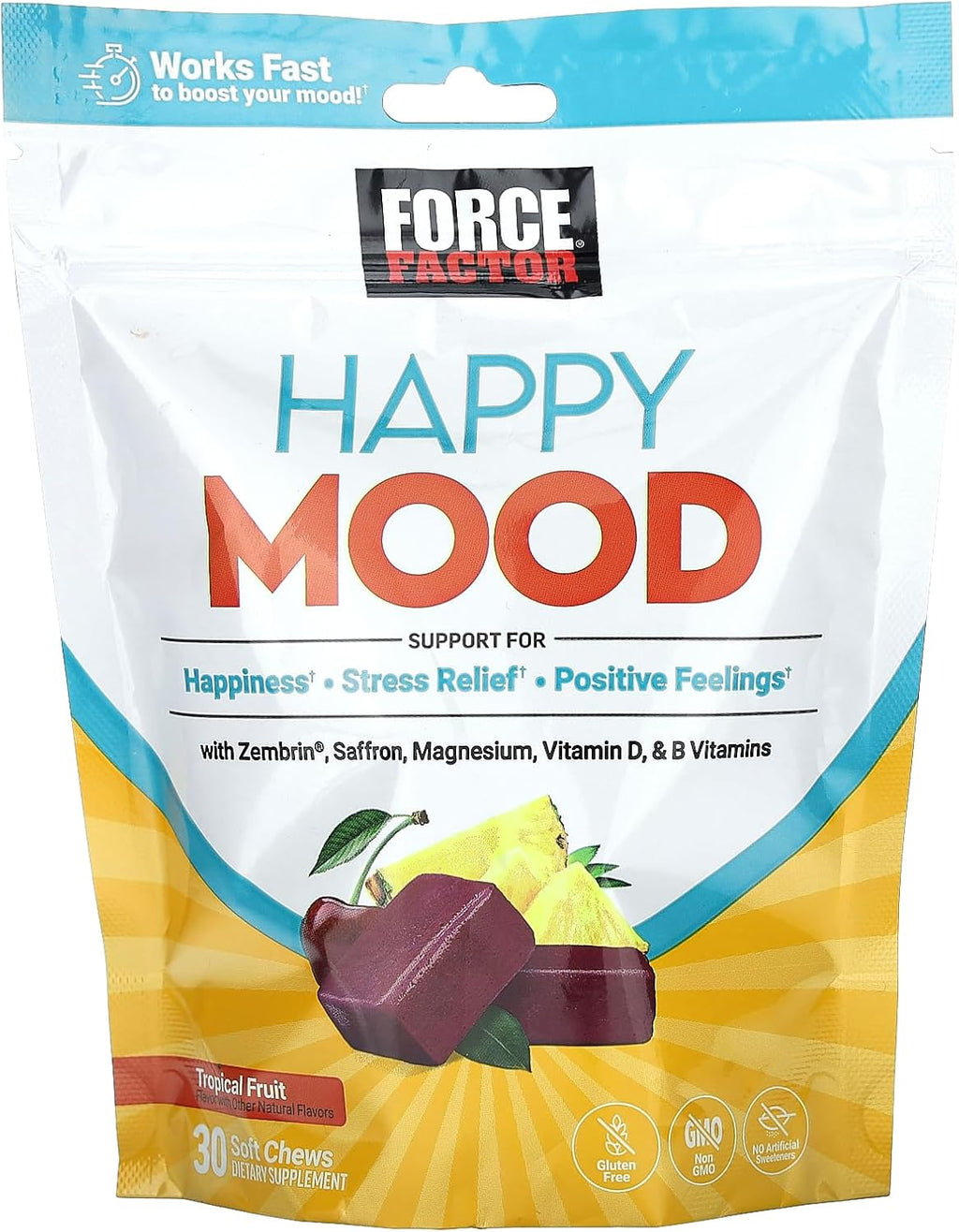Force Factor Happy Mood - Complemento de Apoyo al Estado de Ánimo, con Magnesio, Azafrán y Zembrin®, Sabor Fruta Tropical, 30 Gominolas Suaves